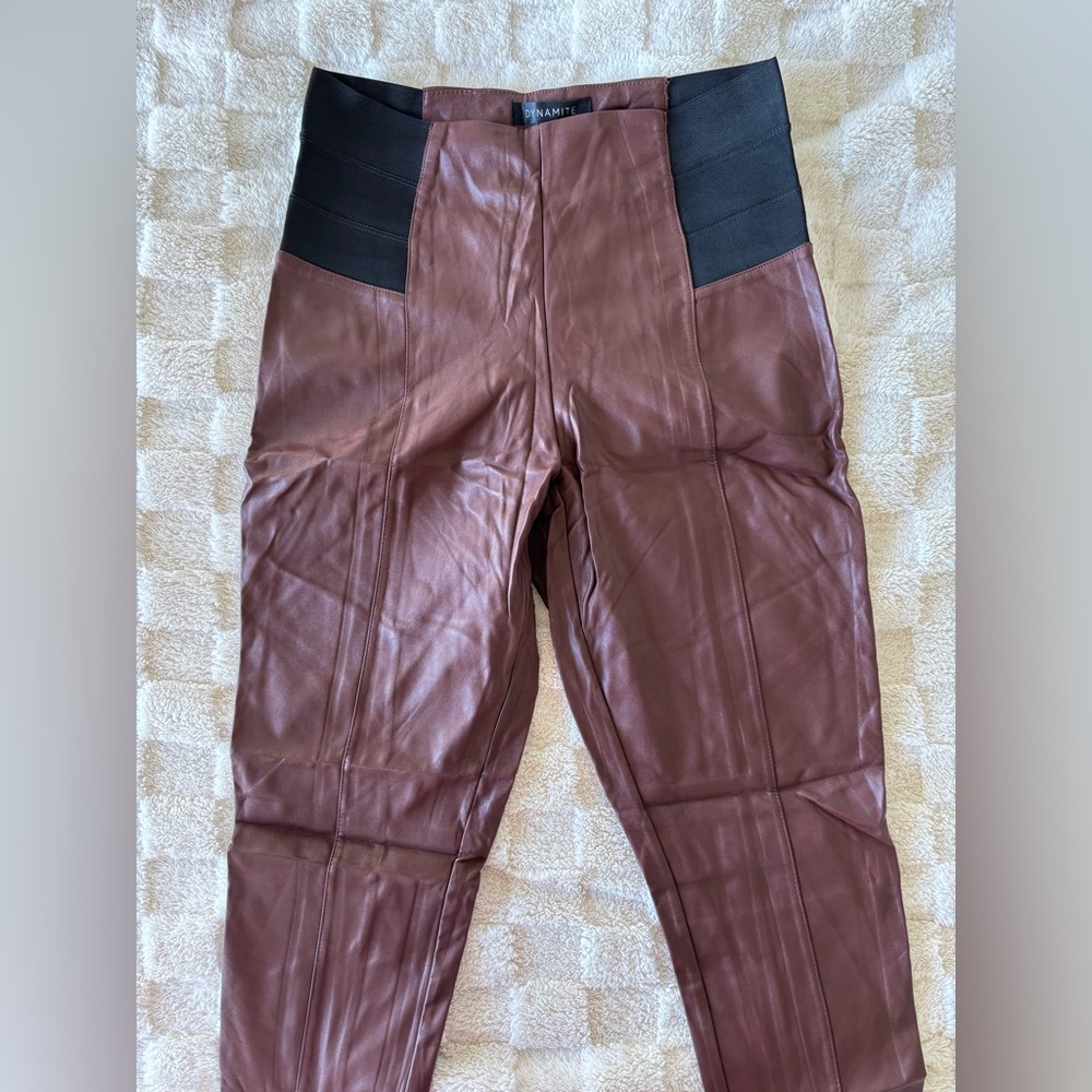 Dynamite Chocolate Brown Leather Leggings with Black Panels